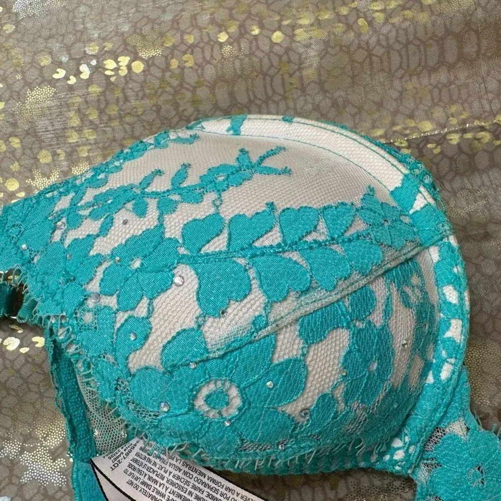 Victorias Secret Teal Lace Rhinestone Dream Angels Push Up Bra 32B - Image 3