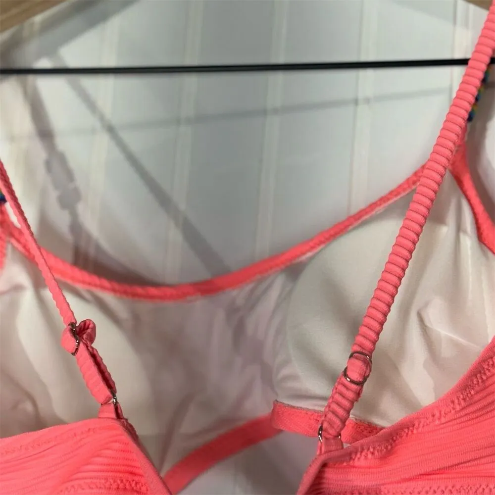 Cupshe Bikini Set XL Pink Ribbed Rainbow Bead Tie‎ Swim Retro Pool Barbie NWT - Image 5
