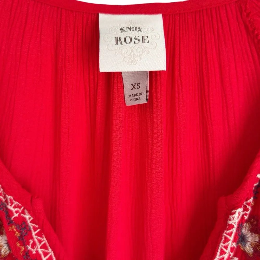 Knox Rose Boho Floral Embroidered Red Swing Dress Casual V-neck Short Sleeve XS - Image 5