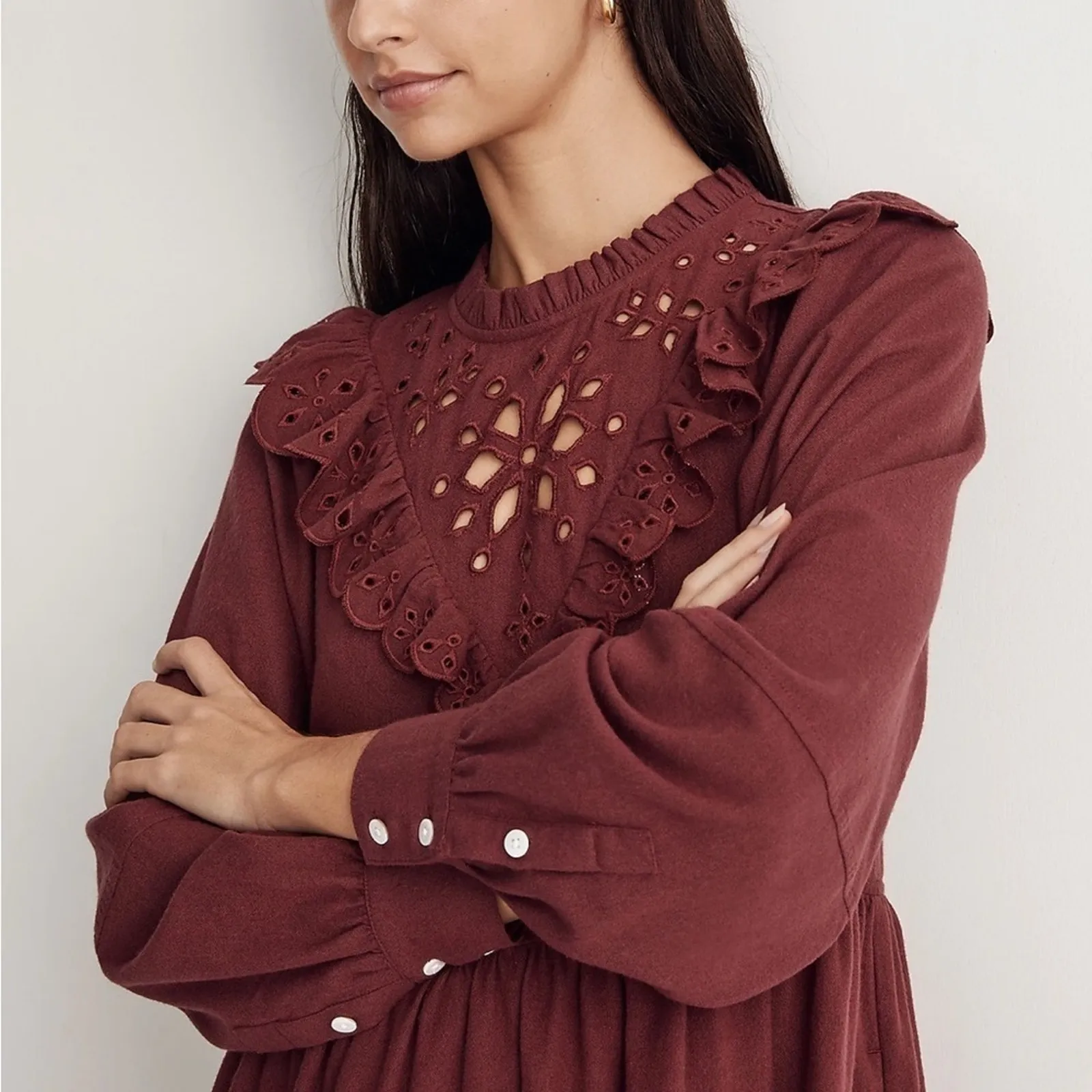 Madewell Embroidered Ruffled Flannel Mini Dress Vintage Mulberry NEW - Image 5
