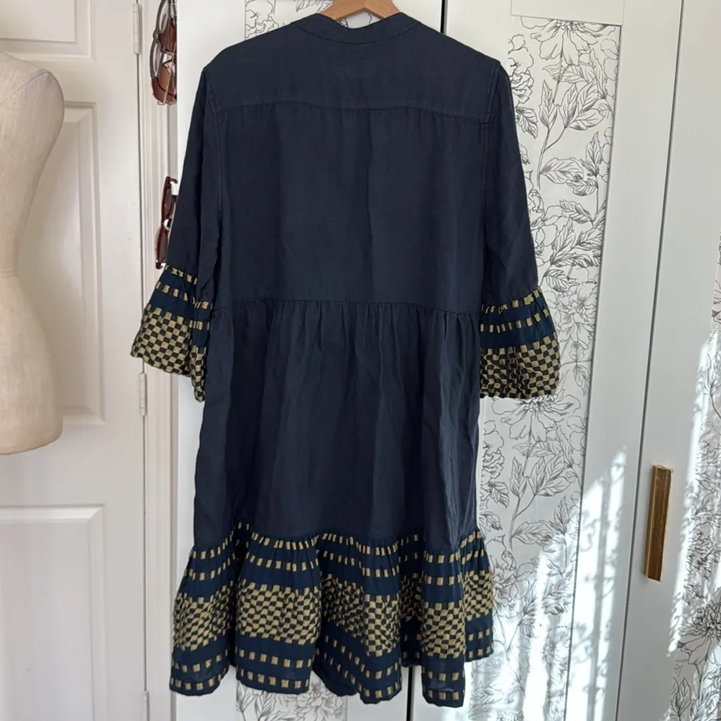 Haris Cotton 100% linen bell sleeve metallic detail midi dress Blue - Image 6