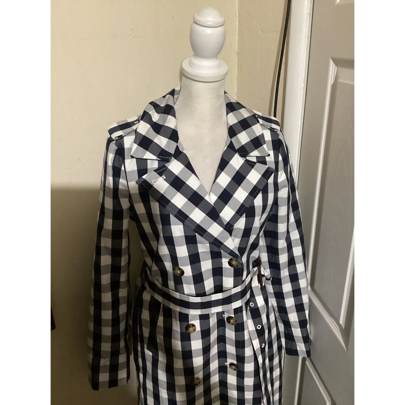 J. Crew NWOT Gingham Double Breasted Trench Coat Belted Navy White Women's 4 - Image 4