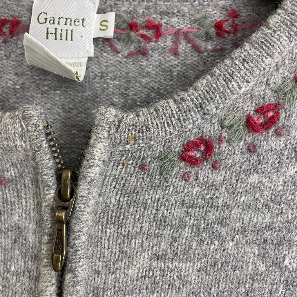 Garnet Hill Wool Angora Zip Cardigan Floral Embroidered Gray Size S - Image 11