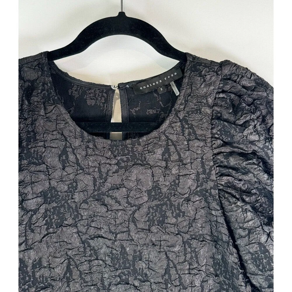 Endless Rose Women Dress Black Mini Textured Puff Sleeve Drop Waist Casual Small - Image 8