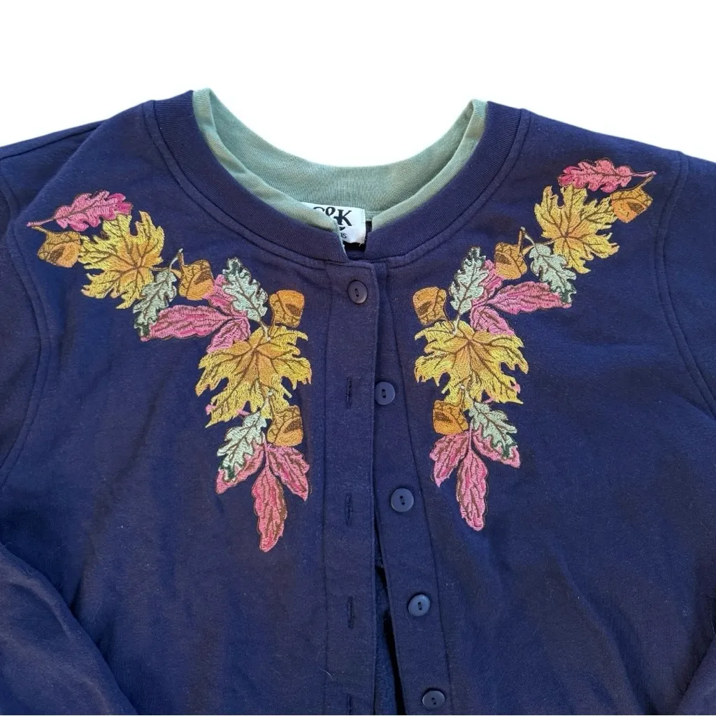 Vintage 90s C&K Designs Fall Leaves Sweatshirt Cardigan Size XL Blue - Image 2