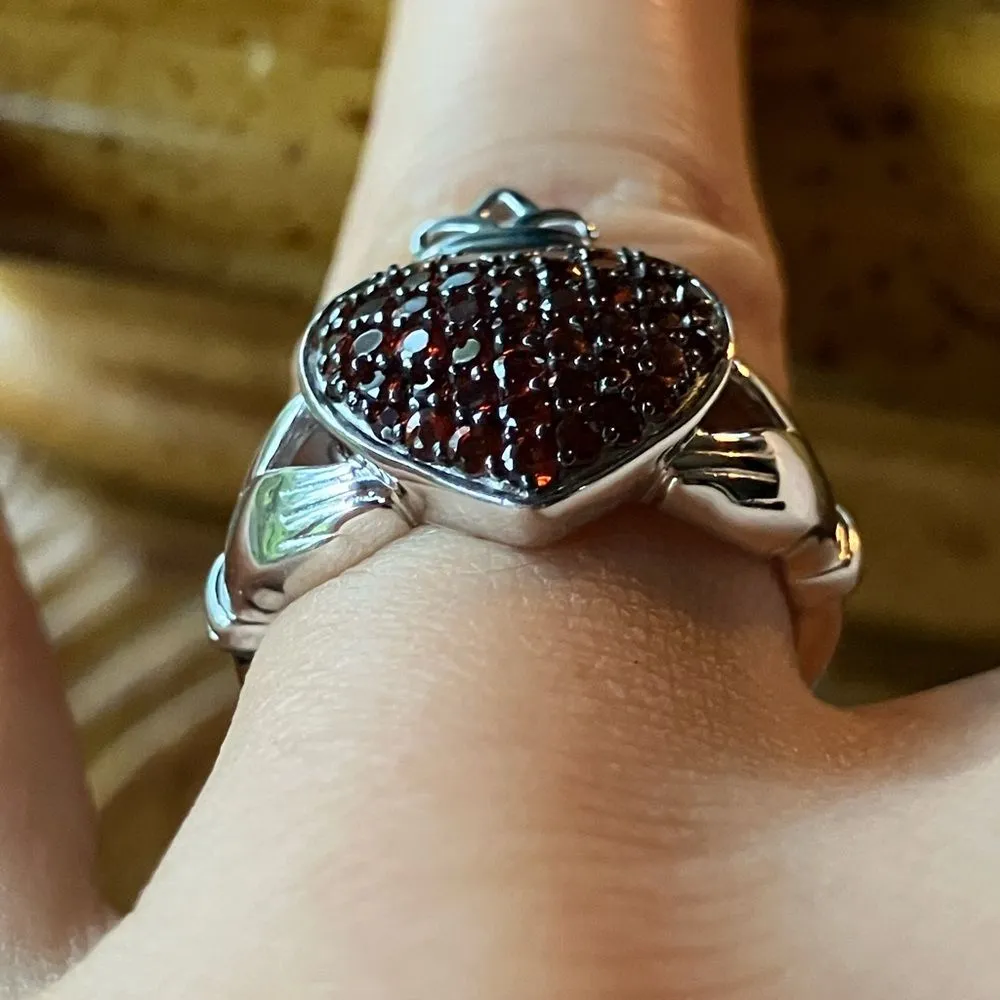 Natural Red Garnet Sterling Silver Claddagh Ring Size 6 - Image 2