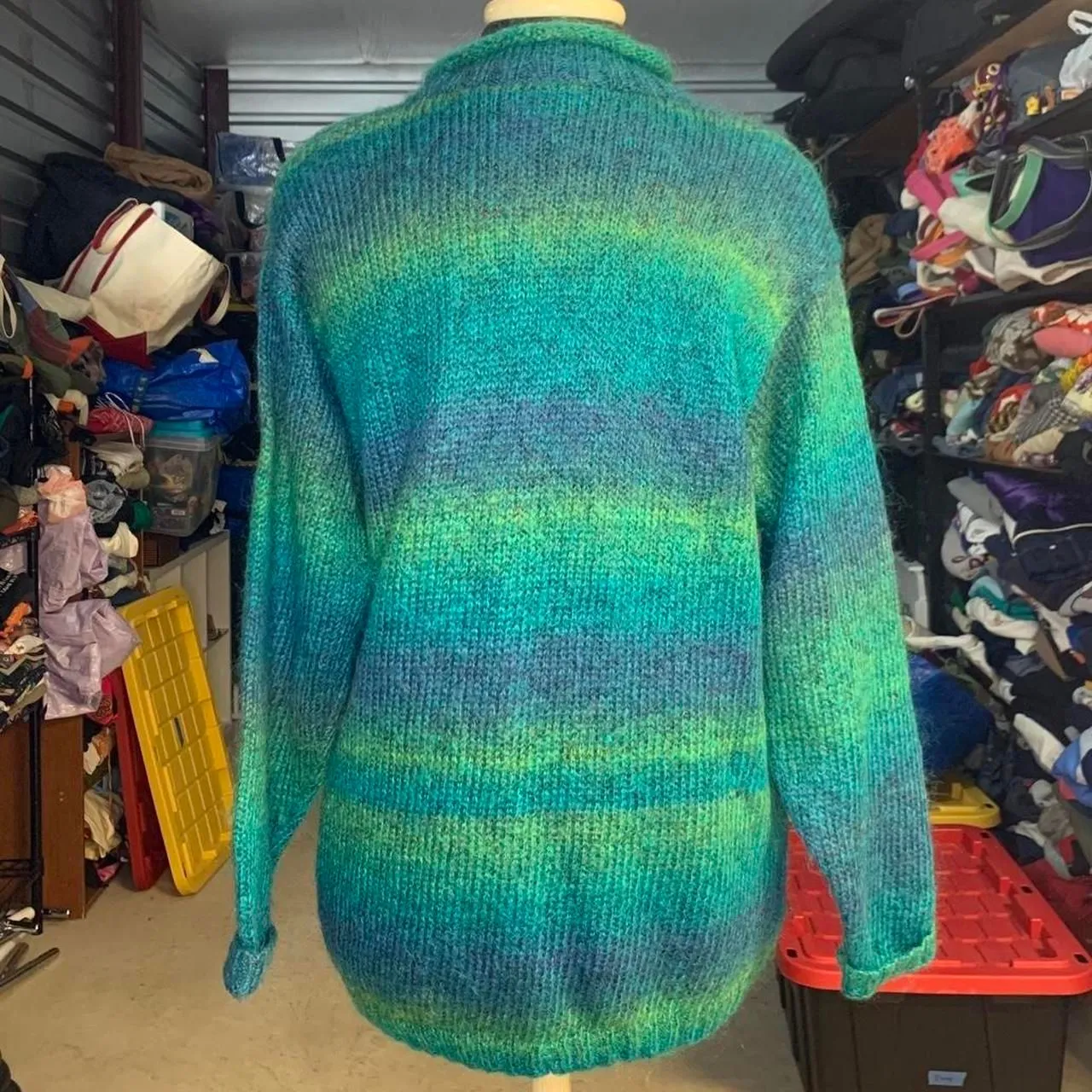 VTG 90s Liz Claiborne Mohair Blend Shaggy Green and Blue Striped Sweater Small - Image 2