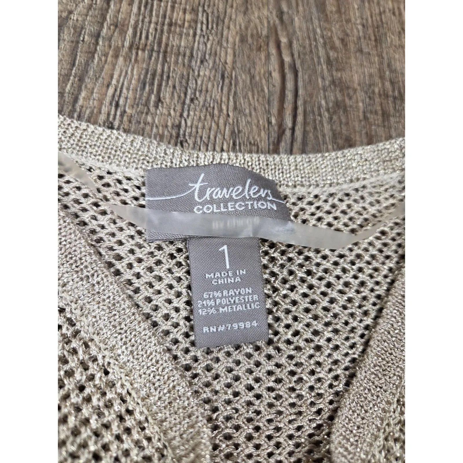 Chicos Travelers Cardigan Sweater 1 Medium Metallic Shiny Gold Open Weave - Image 3