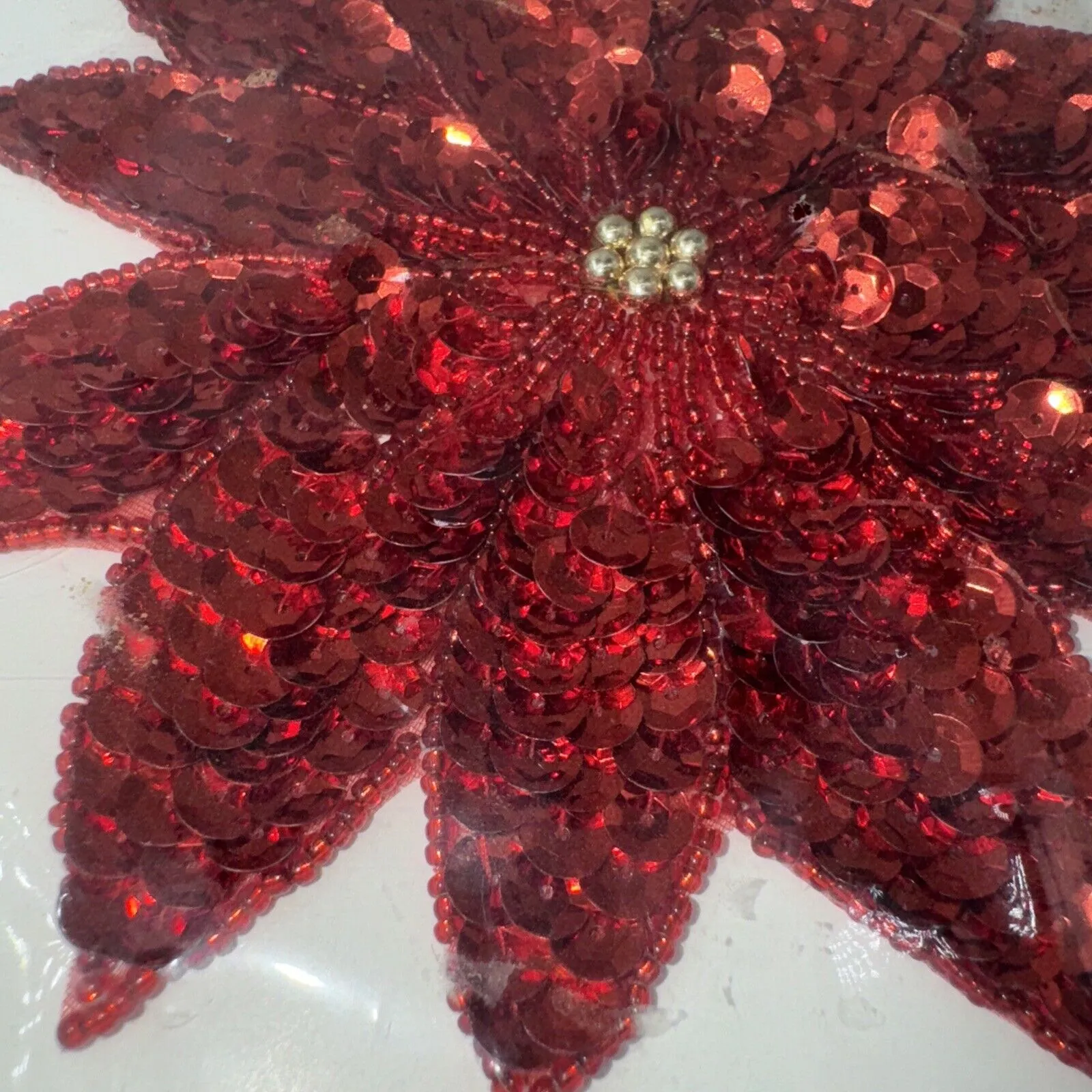 Vintage Handmade 5.5" Red Sequin Poinsettia Patch Motif Shirt Coat Hat Appliqué - Image 3