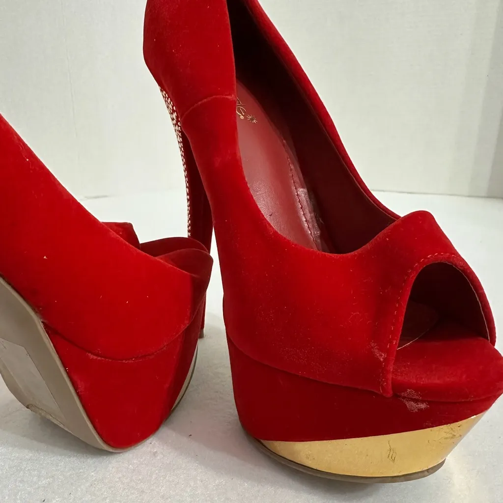 Shoedazzle Red Rhinestone Stiletto Platform Heels Size 9 Y2K Sparkle Glam Pumps - Image 6