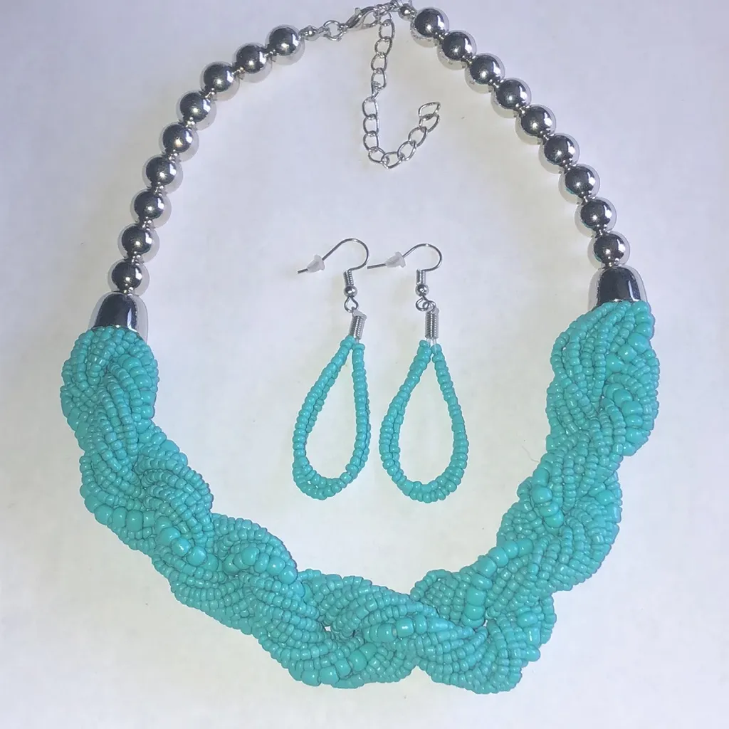 Silver Tone Turquoise Color Boho Beaded Necklace and Earring Set Blue - Image 3