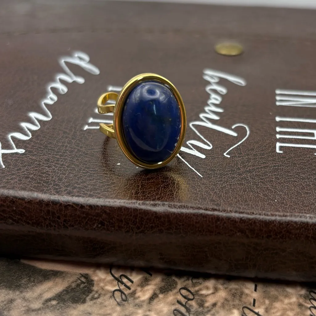 Blue Lapis Gemstone Ring • Gold Adjustable • Handmade Boho Vintage Style - Image 2
