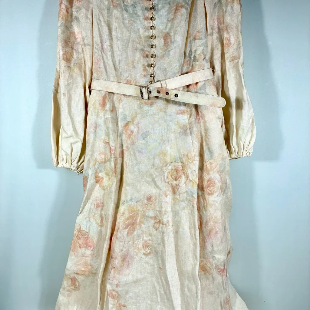 Zimmermann Crush Buttoned Belted Linen Midi Dress Ciara Floral US 8 NWT - Image 8