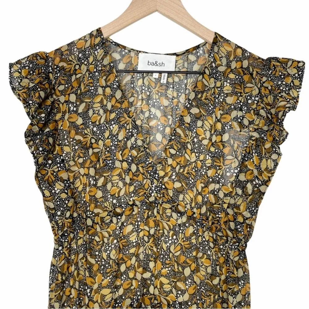 NWT ba&sh Samanta Ruffled Leaf Print Georgette Maxi Dress in Carbone - Image 8