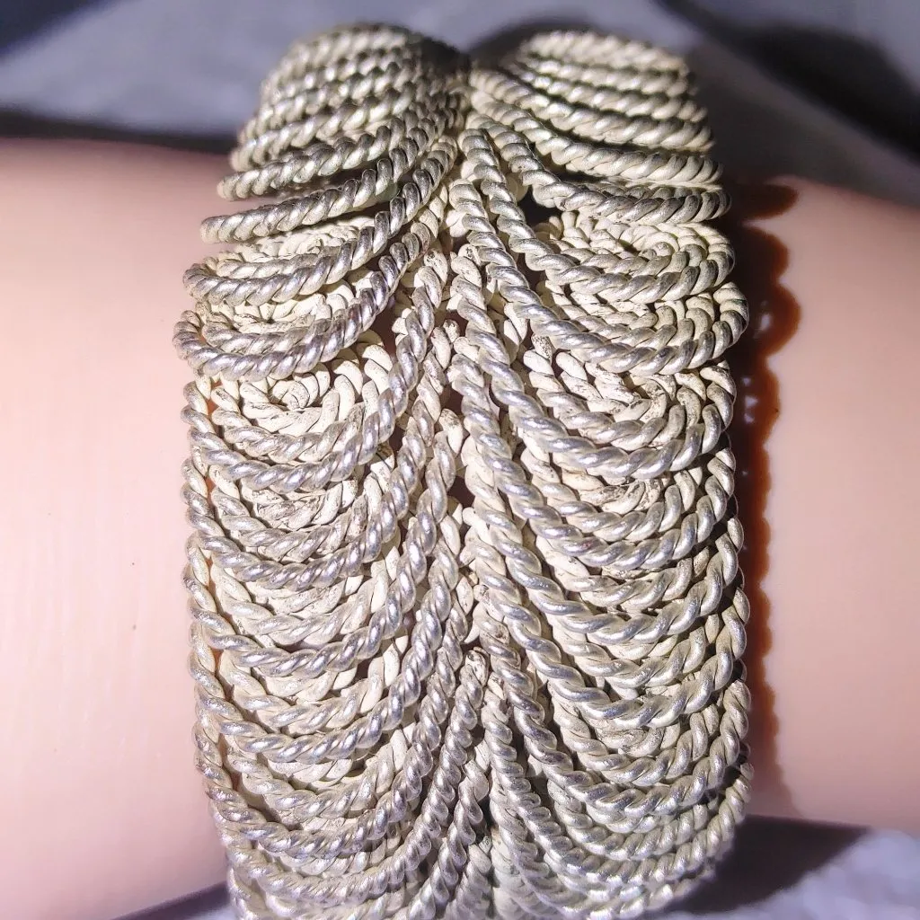 Artisan Articulated Wire Bracelet Woven Snake Wide Silver Tone Coiled Rope MCM - Image 2