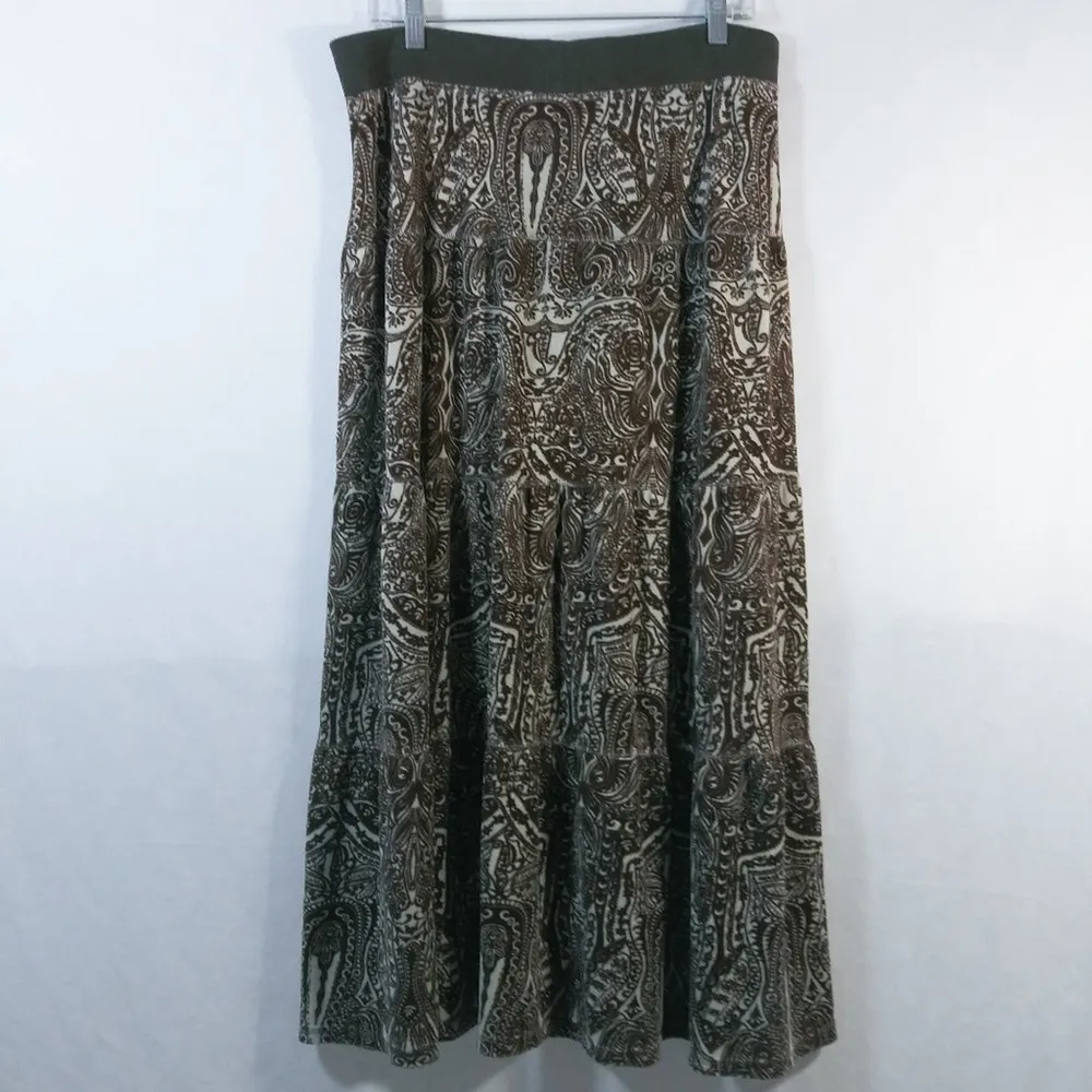 Vintage Juicy Couture Brown Paisley Y2K Velour Midi Skirt Size Small - Image 7
