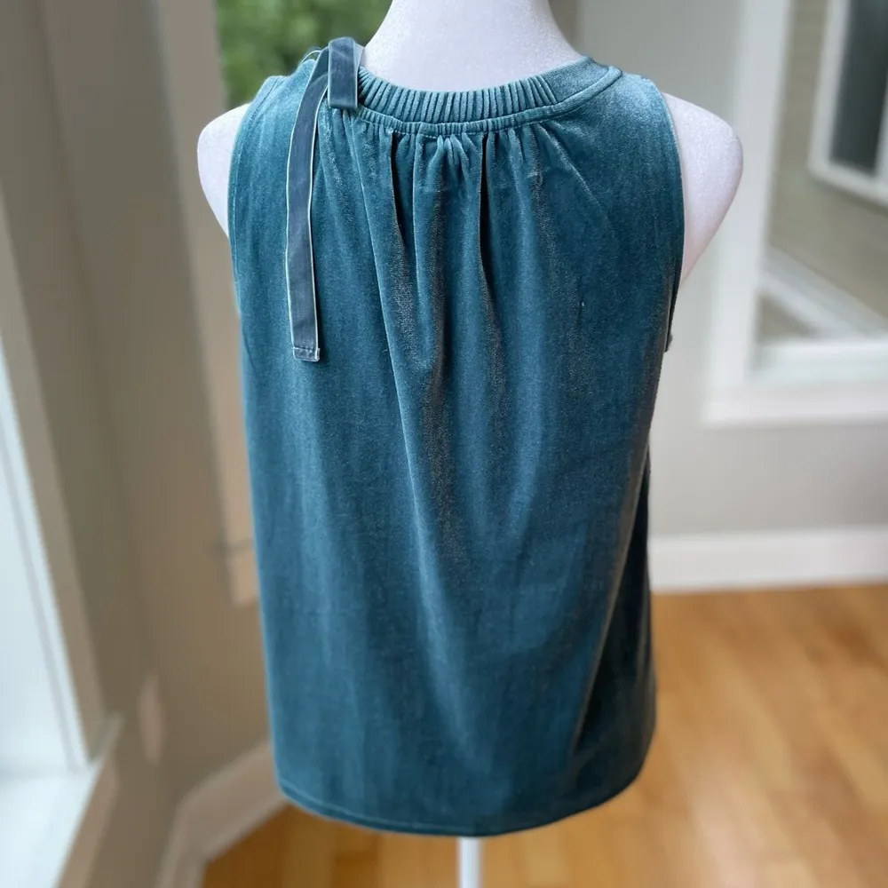 Ann Taylor Teal Blue Velvet Sleeveless Blouse with Ribbon Bow Detail XXS Petite - Image 3