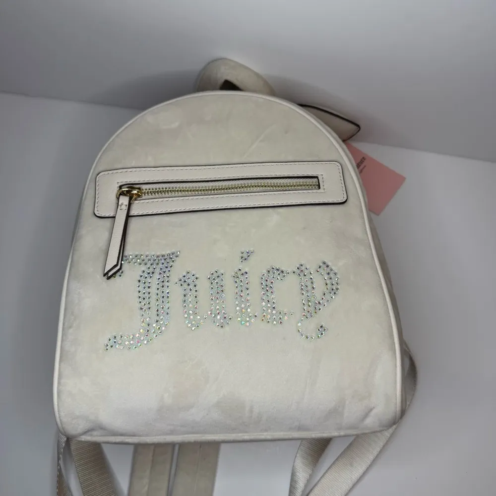 New Juicy Couture Velvet Mini Gray Rhinestone Logo Angel Backpack Heart Puff Tag - Image 2
