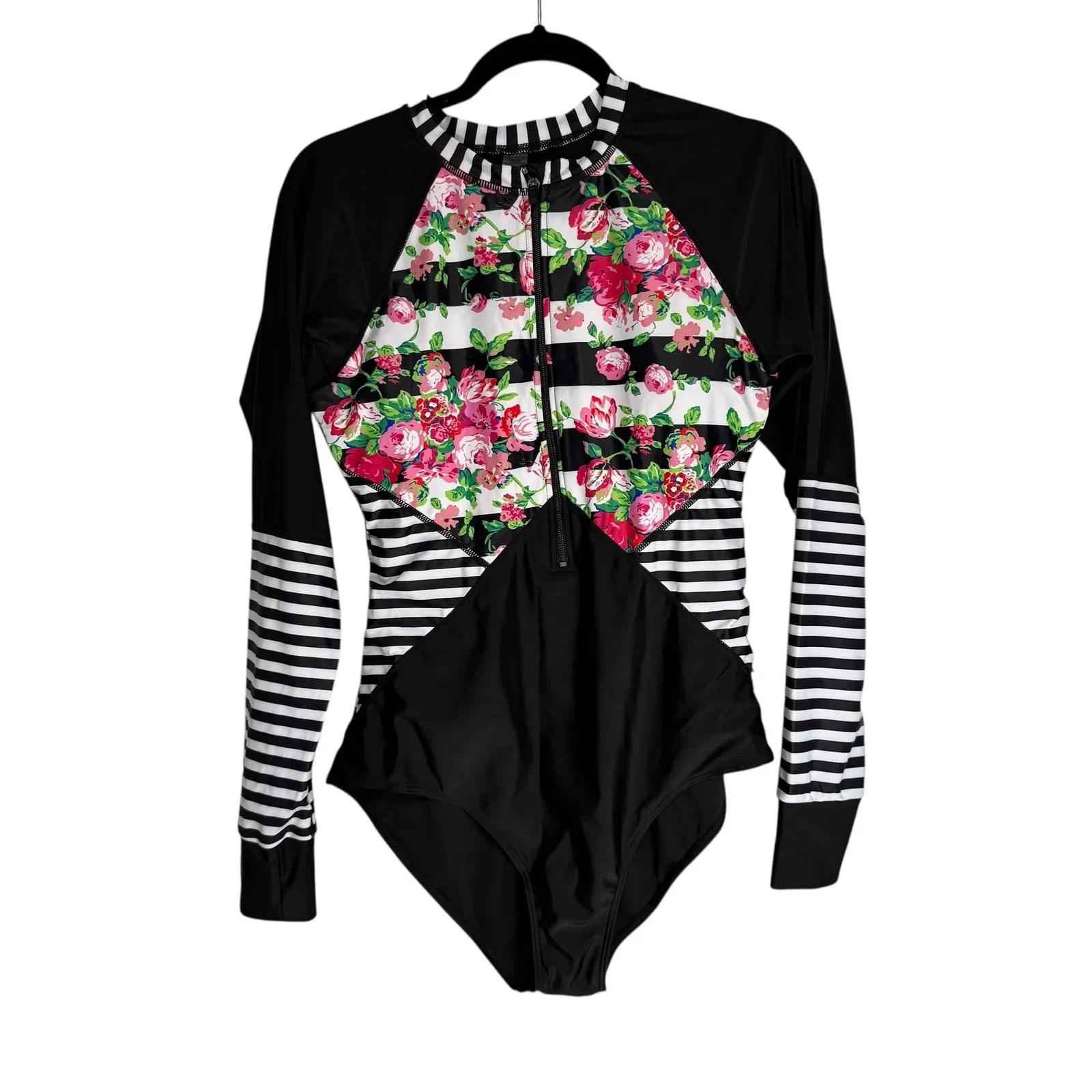 Womens Long Sleeve Rash Guard Swimsuit One Piece Zip Front Floral Stripe XL Black - Image 2