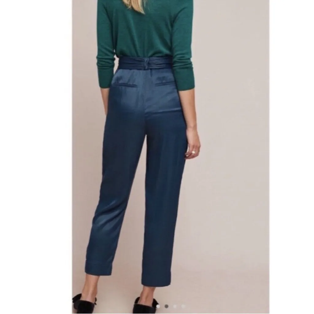 Anthropologie 4 Satin Tie Waist Pants Tapered Ankle Blue paper bag Silky ett:twa - Image 2