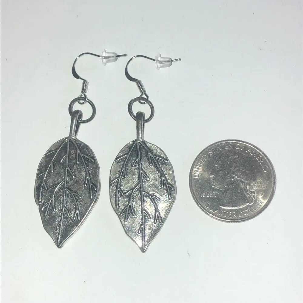 Boho Silver Tone Leaf Double Sided Dangling Pierced Earrings - Image 4