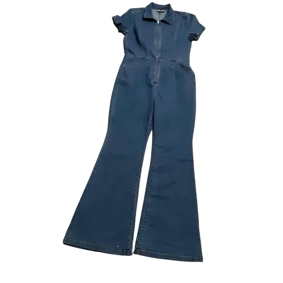 Girl . Ish Womens Denim Bell Bottom Jumpsuit Short Sleeve Zip Up Collar Dark .. Size XL - Image 6
