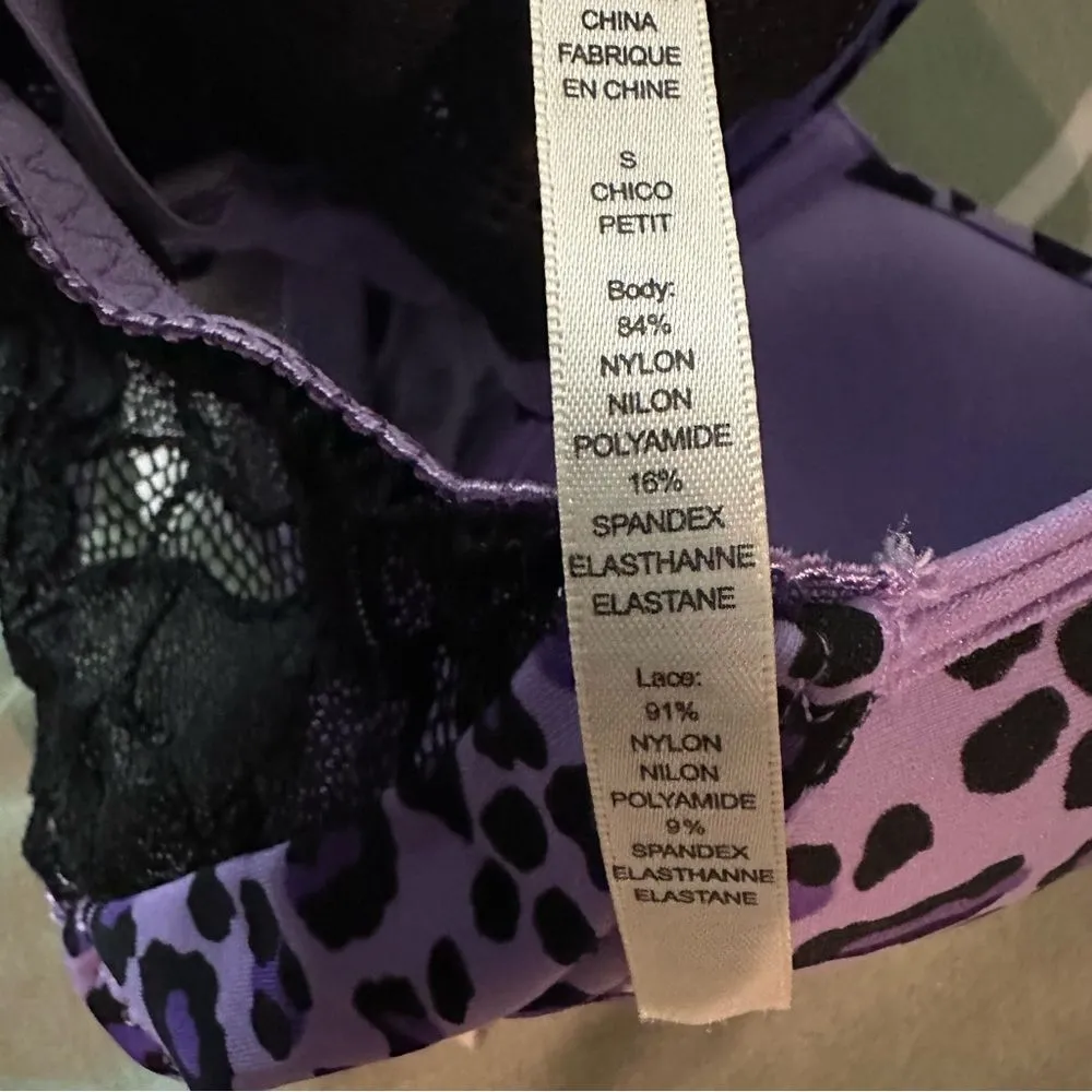 RHONDA SHEAR PURPLE LEOPARD MOLDED CUP WIRELESS BRA WITH LACE BACK SIZE SMALL - Image 6