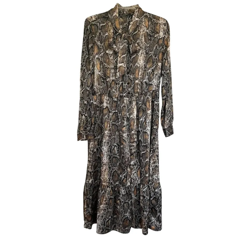 Zara Brown Snakeskin Animal Print Long Sleeve Button Front Tie Neck Midi Dress L - Image 2