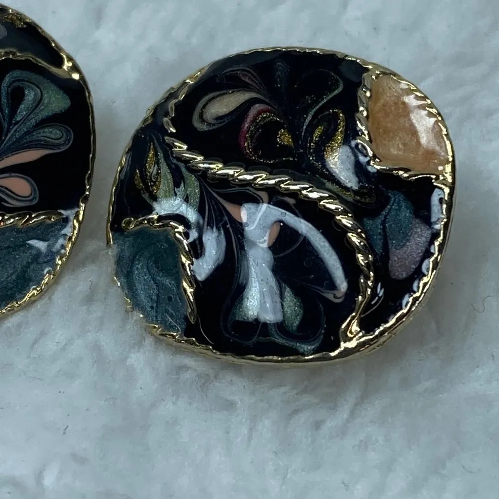 Cloisonne Enamel Metal Clip on Earrings Abstract Design Stamped Made USA - Image 5