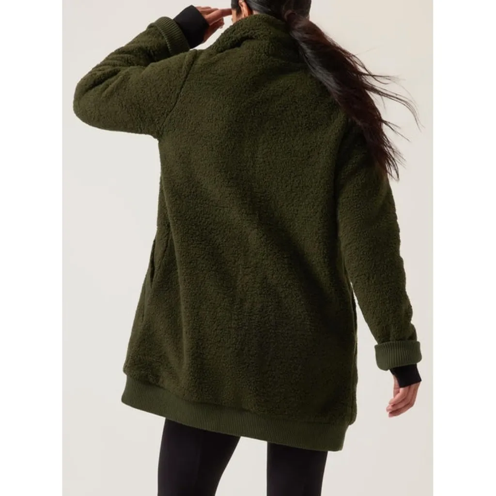 Athleta Tugga Coat Aspen Olive Long Edgy Sherpa Shearling Fuzzy Teddy Jacket XS - Image 2