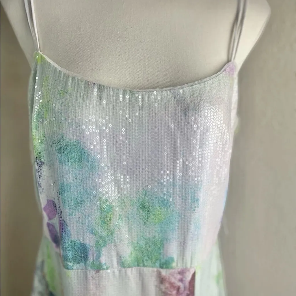 THEIA Sequin Tie Dye‎ Maxi Dress Spaghetti Straps Formal Evening Gown Size 14 White - Image 3