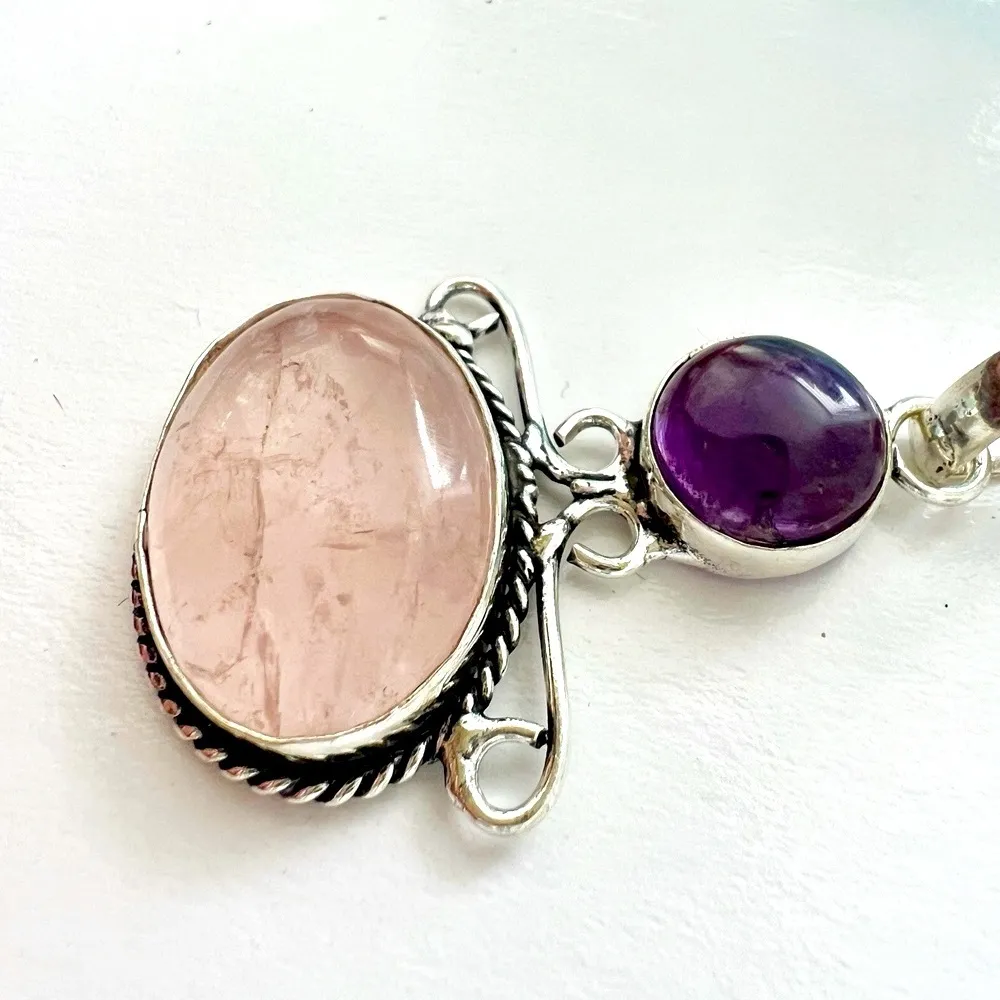 925 Sterling Silver Amethyst Rose Quartz angel Necklace womens jewelry Handmade Pink - Image 3