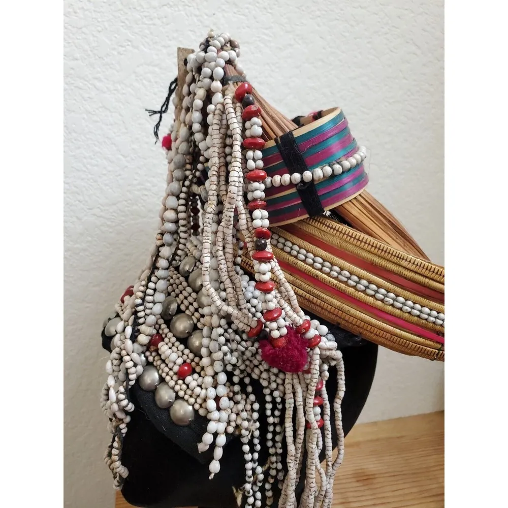 VTG Tribal Headdress Traditional Thai Ulo Akha Hill Beads Shells Yarn Hand Made - Image 3