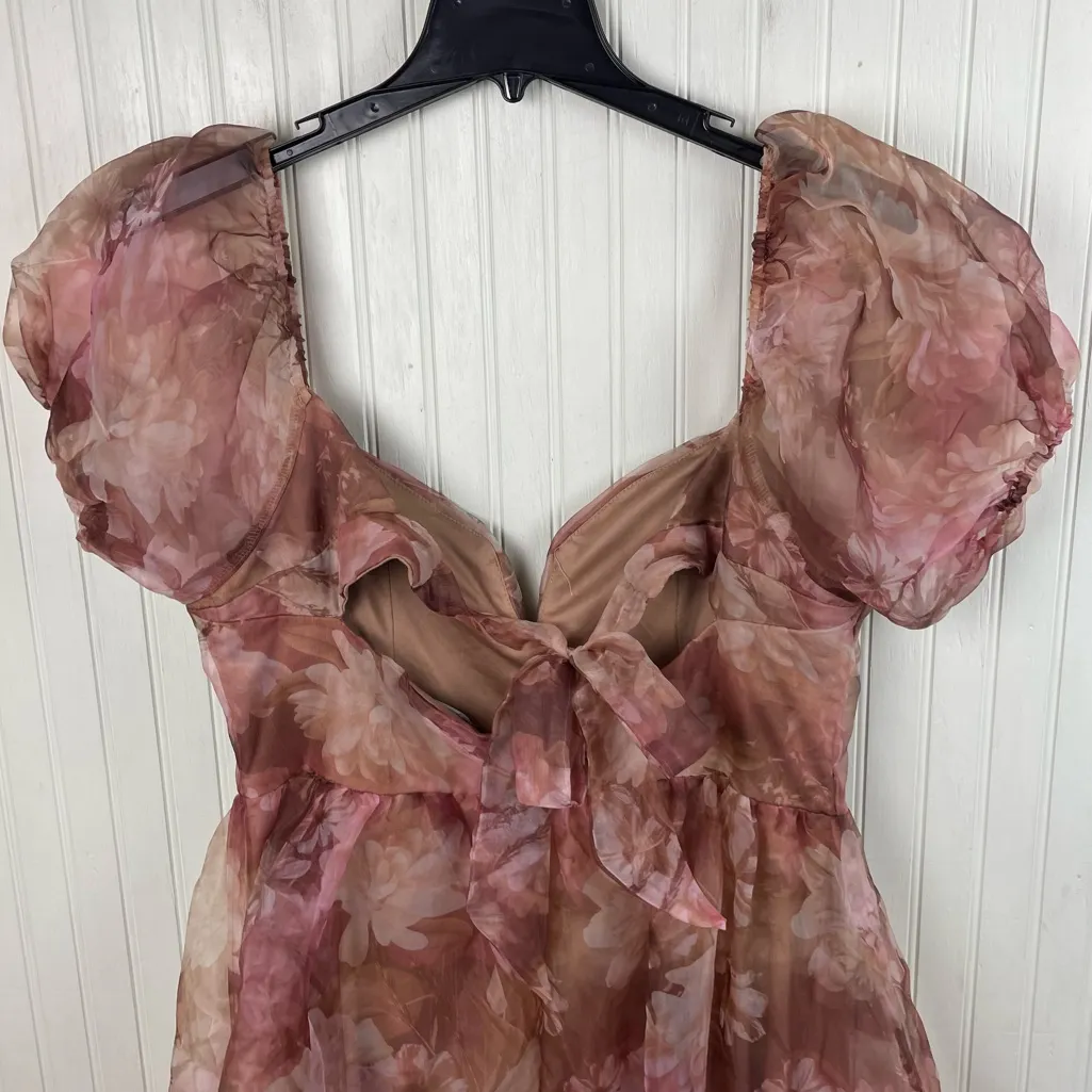 Lulus Lovely Statement Light Brown Floral Organza Tie-Back Midi Dress Size XXL - Image 9