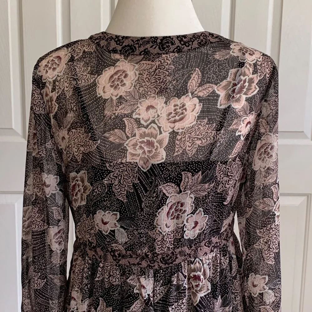 Knox Rose Dress Black Pink Floral Sheer Bell Sleeve Boho Dress Size XS - Image 6