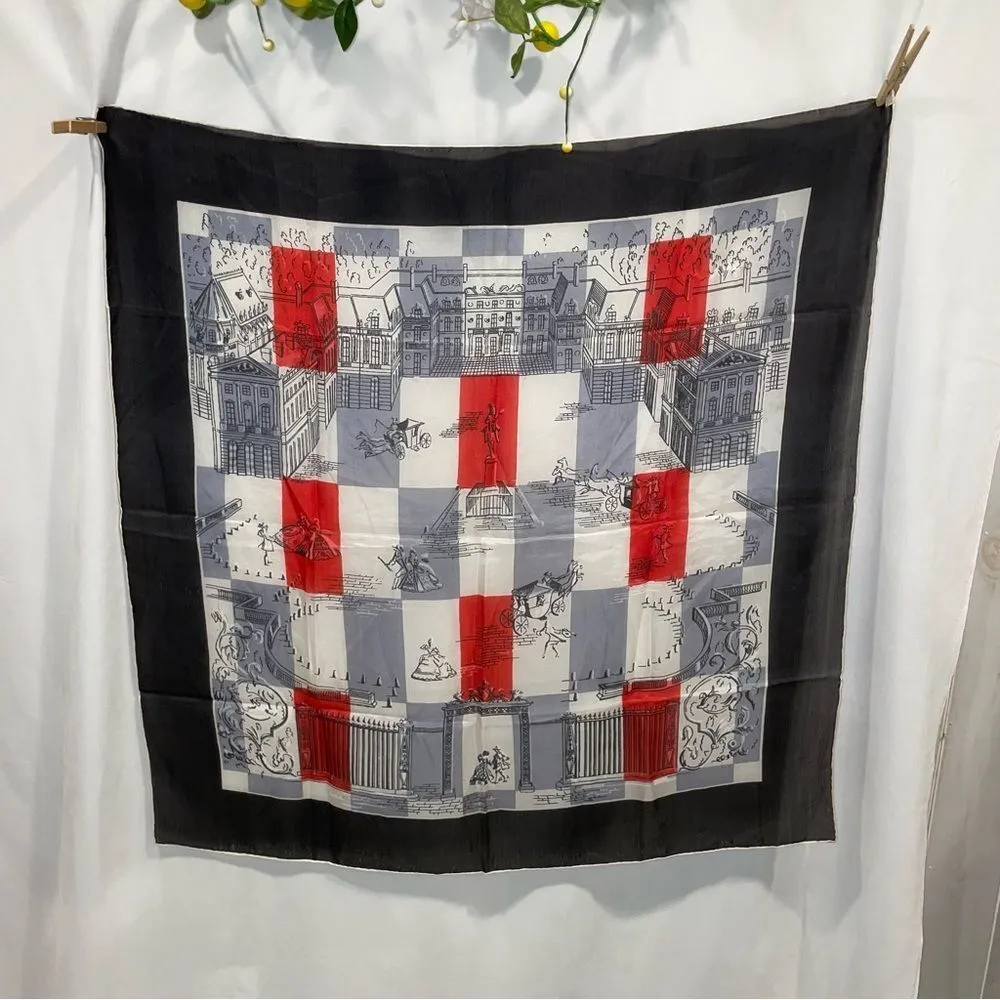 Gorgeous silk vintage made in Japan checkered city scape scarf Red - Image 2