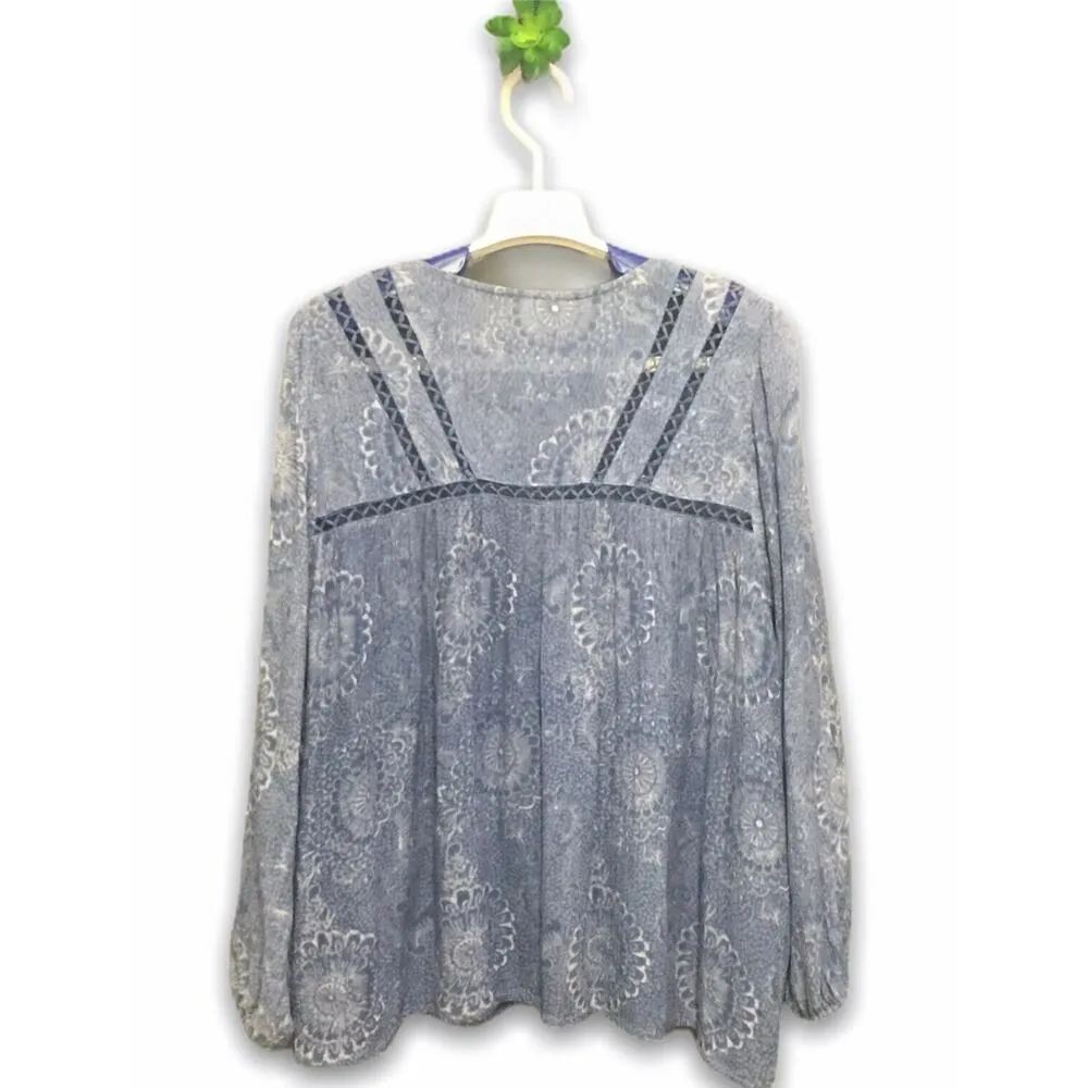 En Creme Top Womens Small Boho Crochet Insert Floral Blue Tassel Tie Top Blouse - Image 7