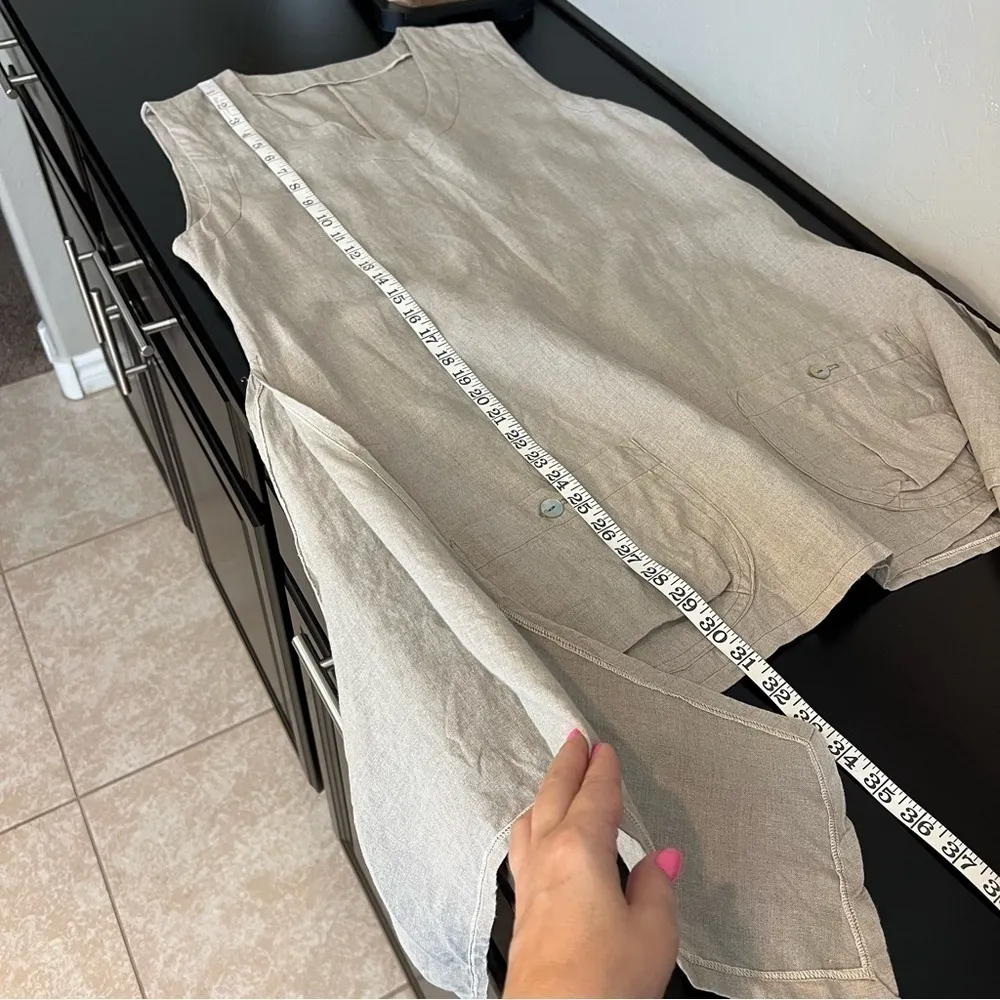 Boutique Linen tunic top Lagenlook asymmetric , pockets, sleeveless, tan, sz M - Image 6