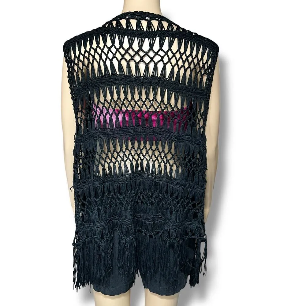 Staccato Womens Crochet Cardigan Sweater Fringe Open Knit Sleeveless Black S M - Image 4
