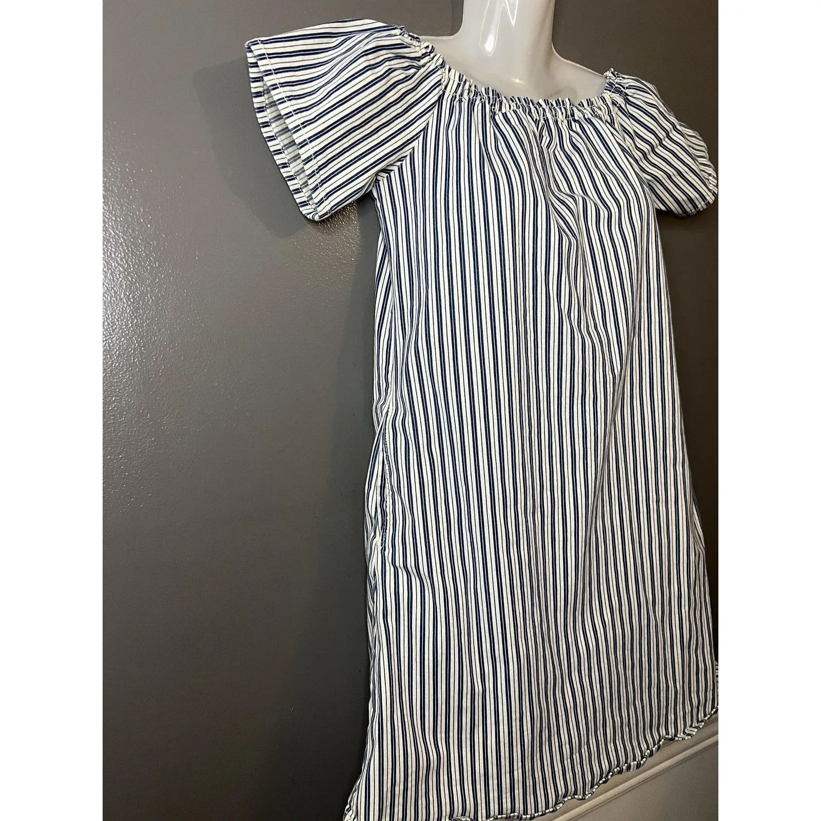 AG Adriano Goldschmied Dress Womens Medium Blue White Striped Off Shoulder Shift - Image 3