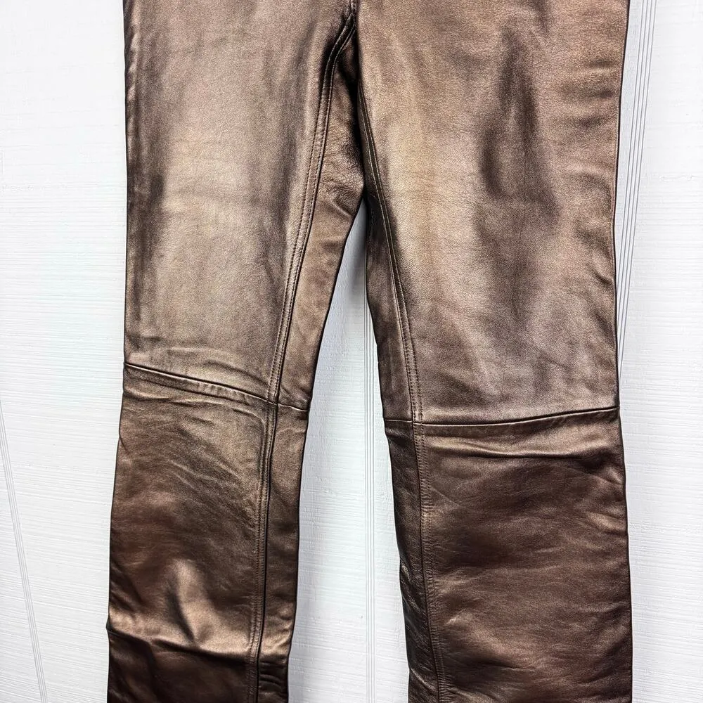 NWT Theory Bronze Brown Metallic Soft Leather Boot Cut Pants Mid Rise Size 0 - Image 2