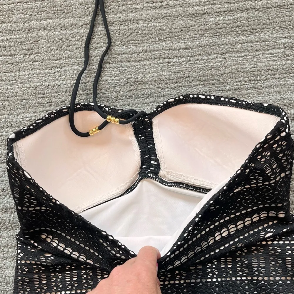 Chaps Crochet Swimsuit One Piece Black Bandeau Halter 10 - Image 3