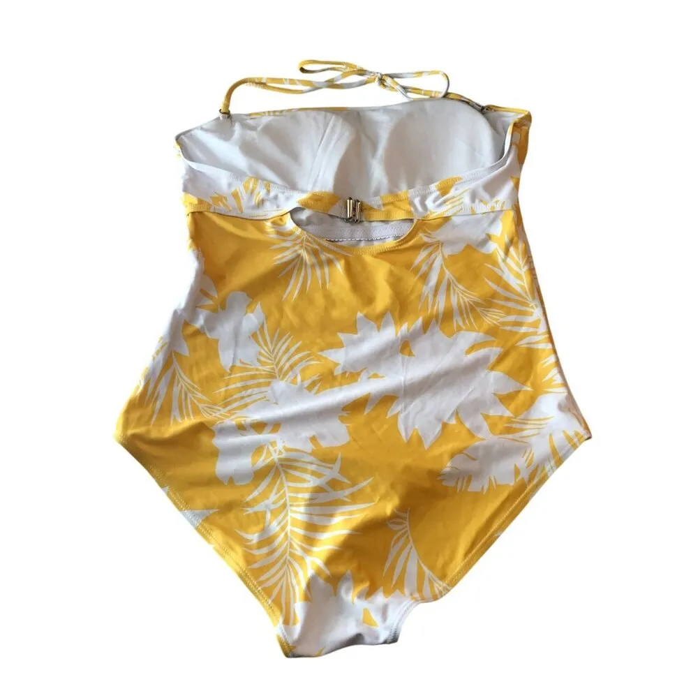 Romwe One Piece Swimsuit Halter Shelf Bra Removable Cups Floral Yellow White L - Image 2