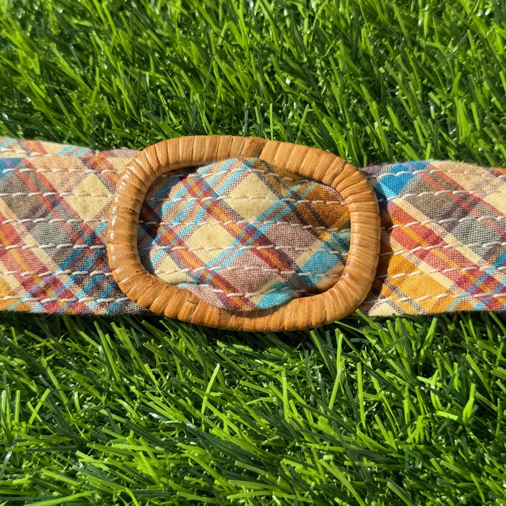 J Crew Vintage Bohemian Plaid Fabric Belt with Woven Buckle S-M - Image 3