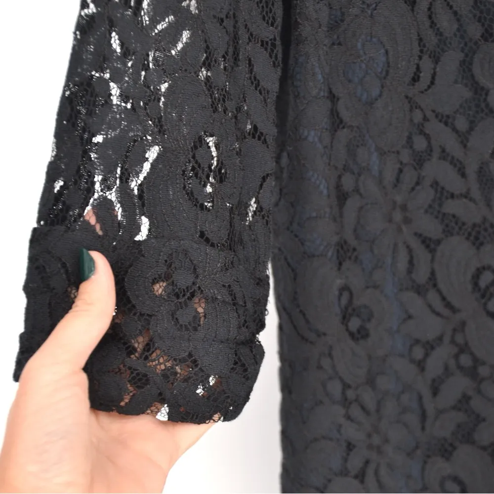 Shoshanna Daphne Floral Lace Mini Dress Scallop Hem Stretch Black Navy Blue 12 - Image 4