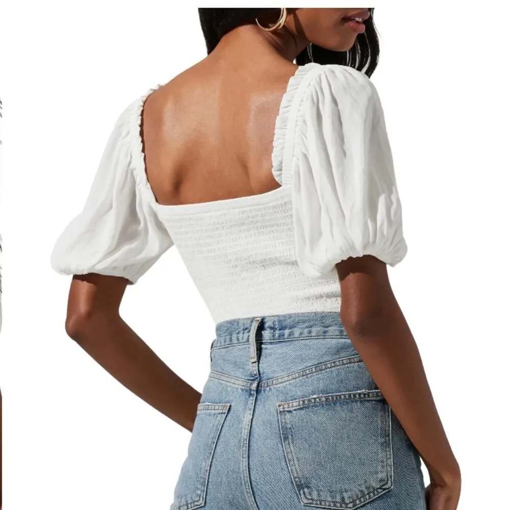 THE LABEL Ruched Puff Sleeve Top White Size Small - Image 4