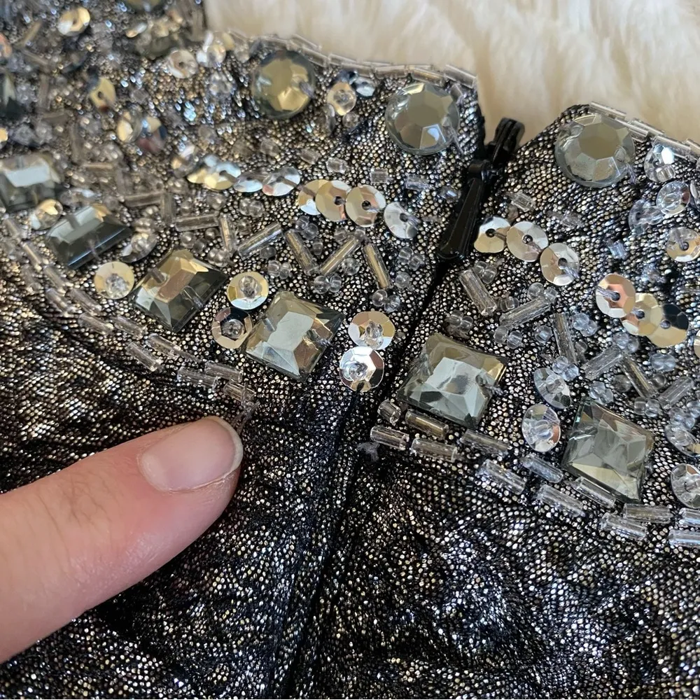 Cache Silver Metallic Beaded Embellished Evening Gown Maxi Dress 0 XS Y2K - Image 13