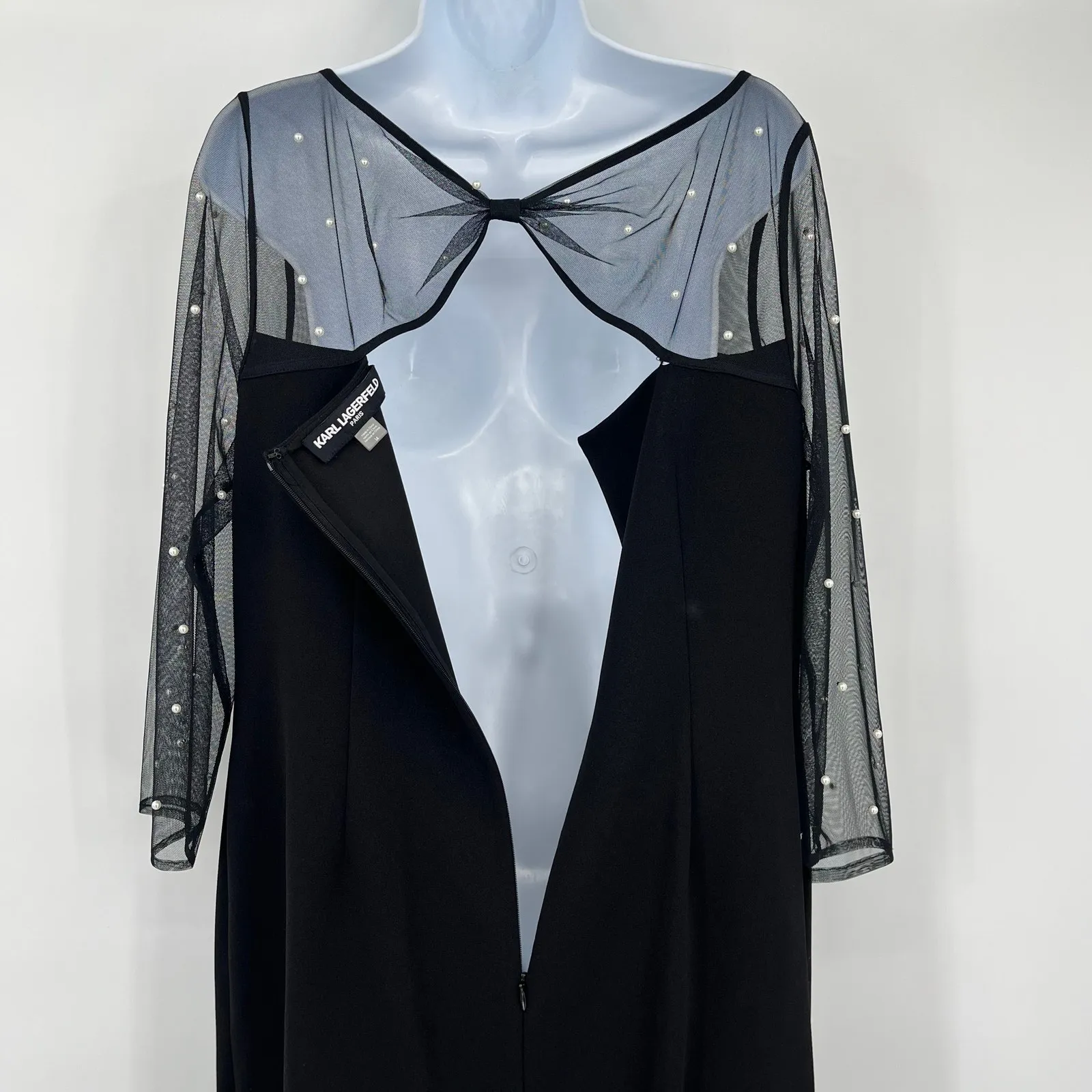 Karl Lagerfeld Pearl Mesh Sheath Dress Sz 14 Coquette Sheer Whimsigoth Glam Bow - Image 7