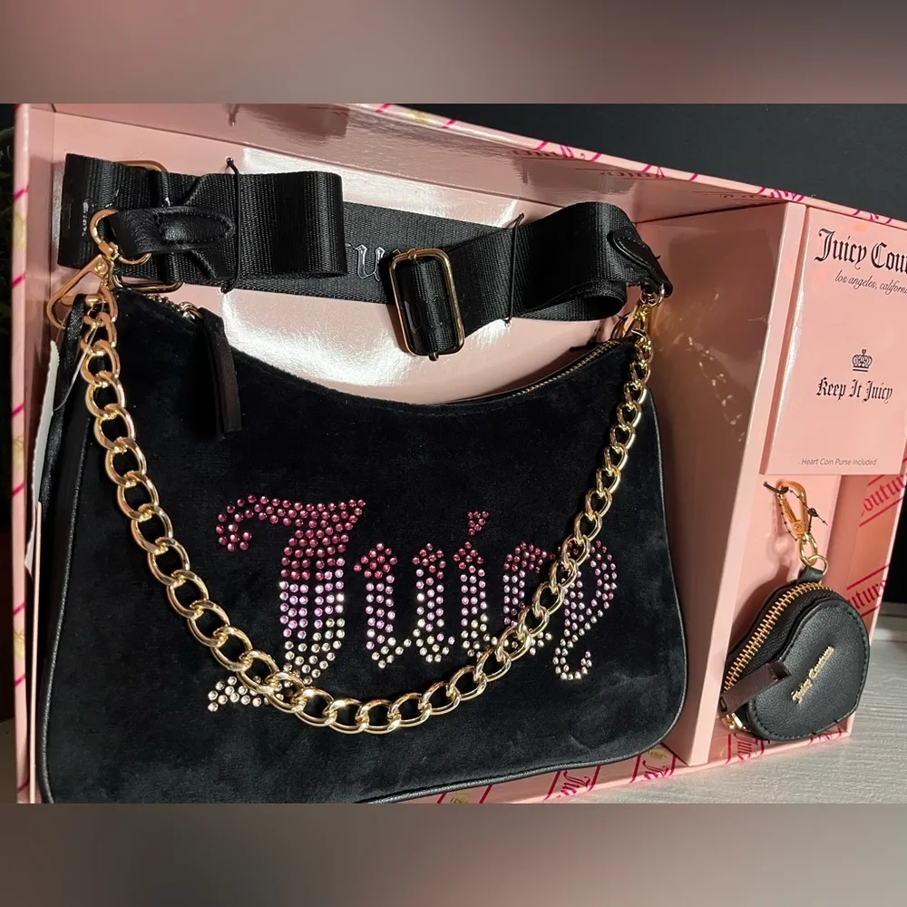 Juicy Couture Black Velour Shoulder Bag Chain & Coin Purse Set NWT - Image 6
