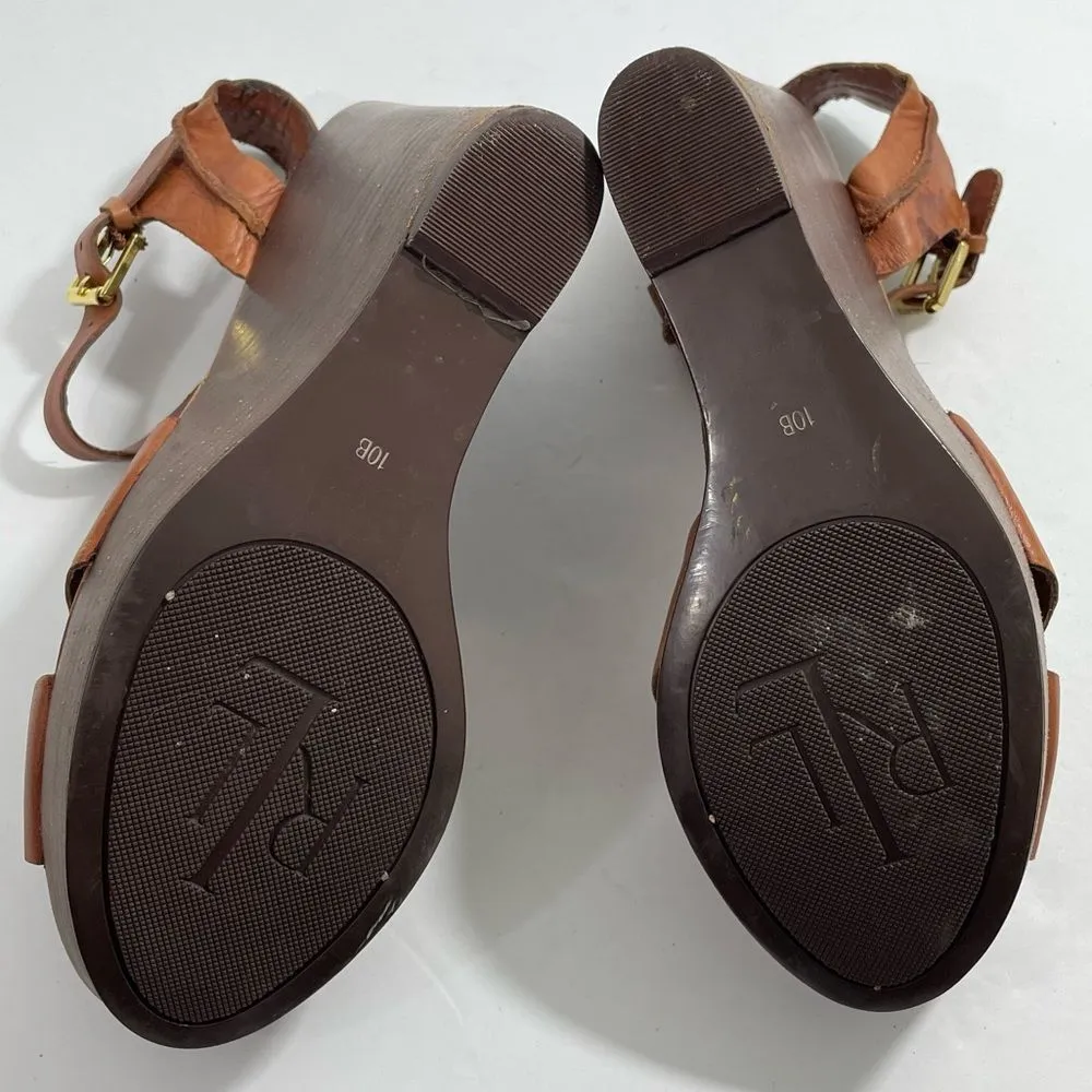 Lauren Ralph Lauren Deidre Brown Leather Platform Wedge Heel Sandals 10B‎ Shoes - Image 9